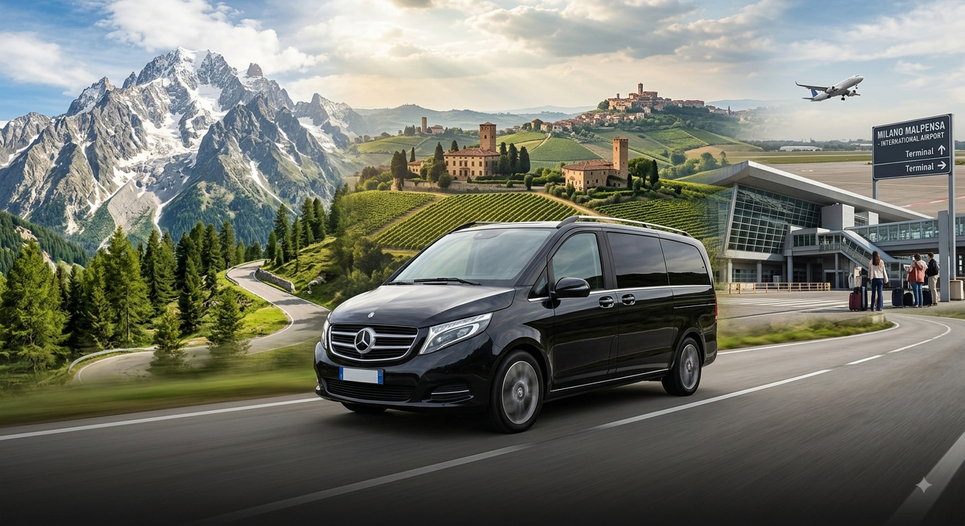 Minivan premium nero Sirianni NCC in viaggio tra le montagne della Valle d'Aosta, le colline del Piemonte e l'aeroporto di Milano Malpensa